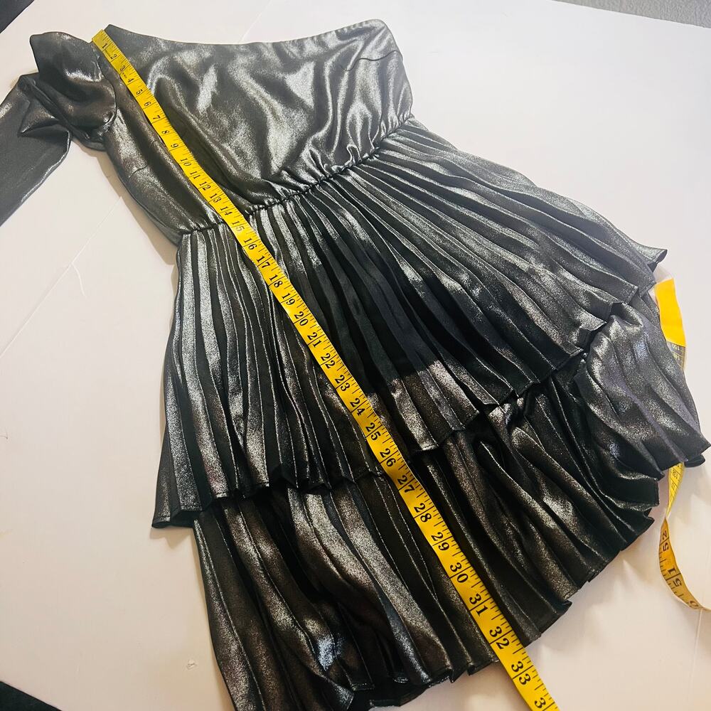 Derek Lam Metallic One Shoulder Pleated Dress Size Black Silver Size EU 36 - Picture 10 of 12